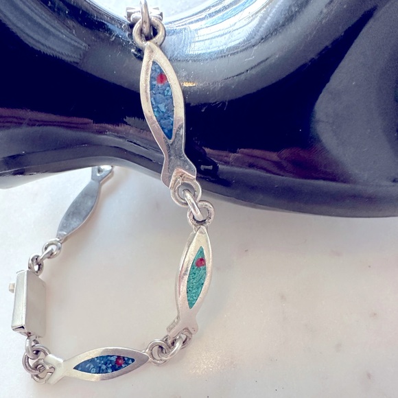 Vintage Taxco Sterling Silver Inlaid Stone Fish Link Bracelet M117 - Picture 1 of 8
